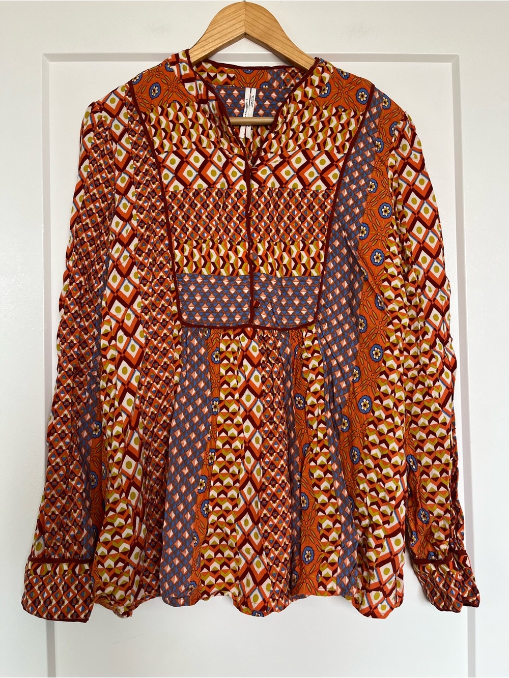 Anthropologie XL Boho Patchwork Print Peasant Blouse Tunic Top